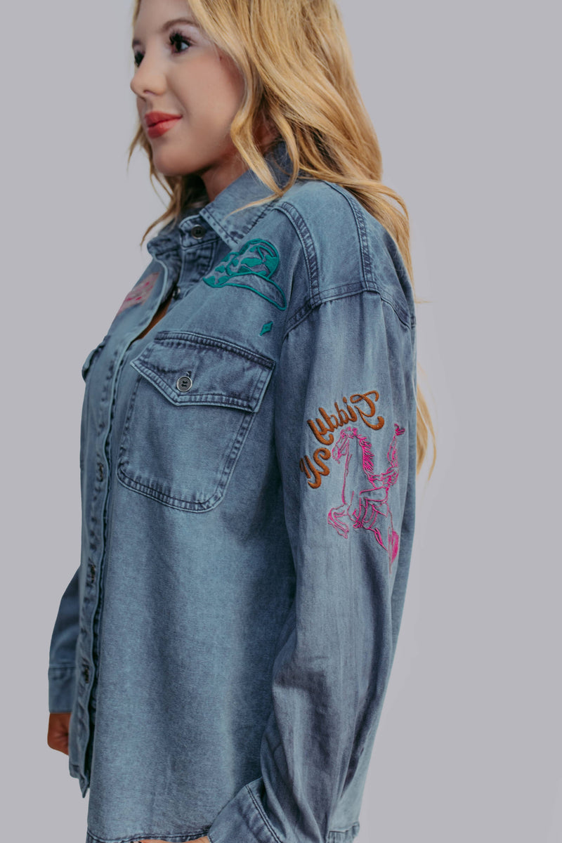 Giddy Up Embroidery Denim Button Down