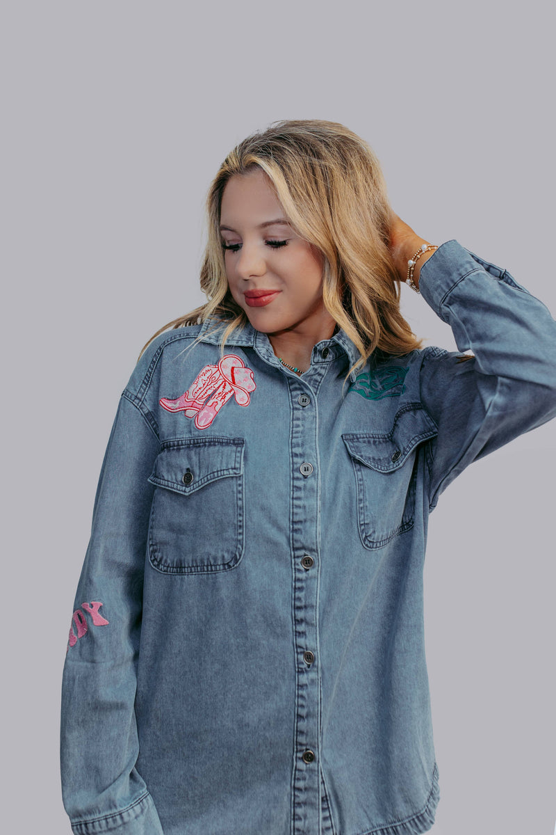 Giddy Up Embroidery Denim Button Down